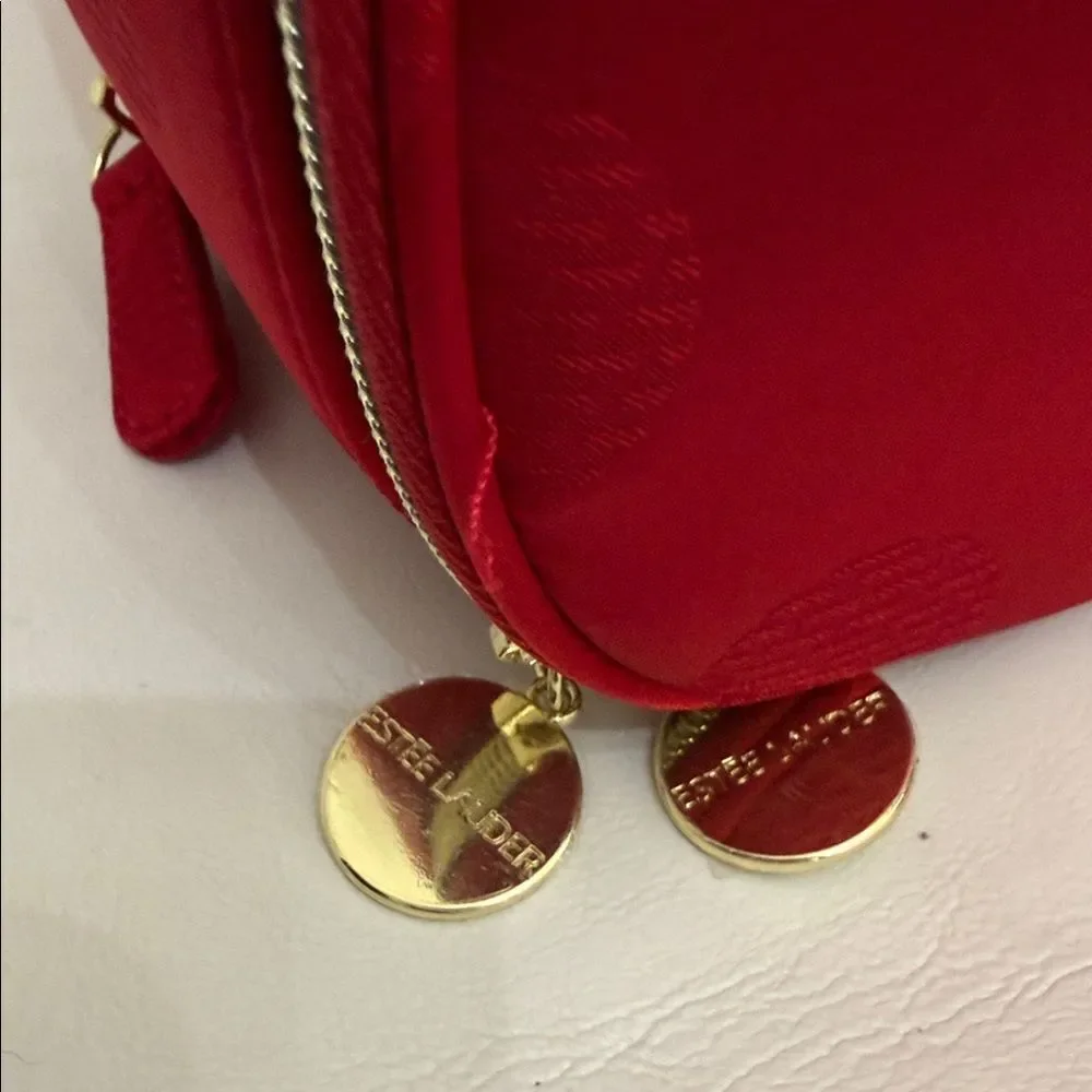 Estee Lauder Vibrant Red Dot Gold Hardware Cosmetic Makeup Travel Storage Bag